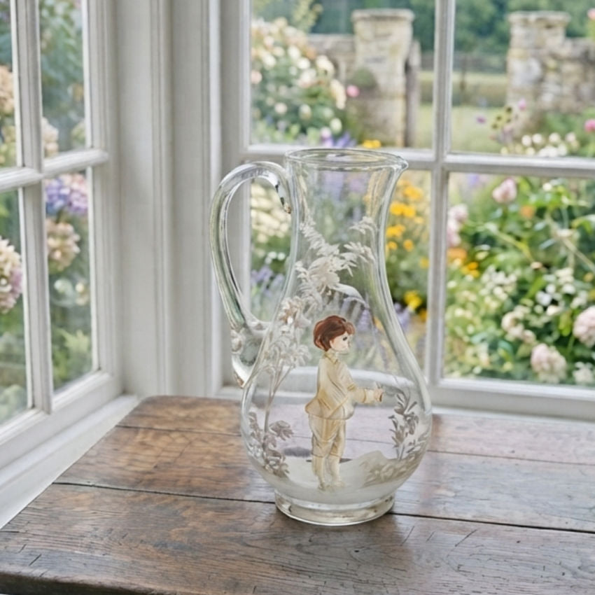 Antique Mary Gregory glass pitcher with hand painted boy and white enamel trees in garden room with view outside of flowers