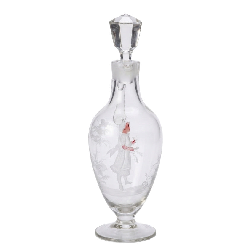 Antique Mary Gregory glass decanter with hand-painted white enamel girl figure