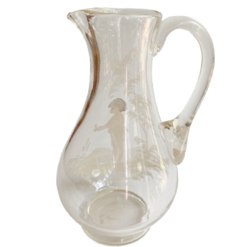 Antique Mary Gregory glass pitcher with hand painted boy and white enamel trees applied handle