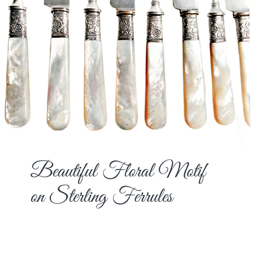 mother of pearl flatware, sterling ferrule flatware, antique flatware set, MOP handles, dinner size flatware, antique knives, antique forks, luxury tableware, heirloom cutlery, French table setting, wedding flatware, collectible sterling details, Victorian flatware, FrenchGardenHouse