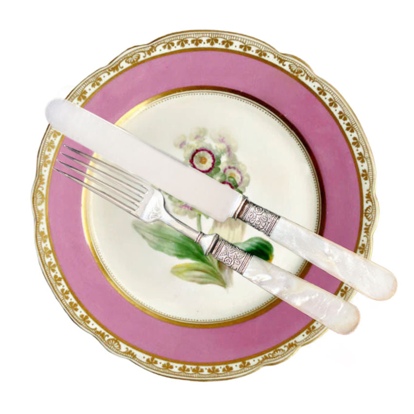 Luxurious Antique Mother of Pearl Dinner Flatware for 6 with sterling ferrules. Elegant knives and forks, glowing MOP handles, heirloom 19th-century set.