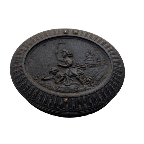 Antique oval Union Case featuring Girls Catching Butterflies motif, Civil War era thermoplastic photo case with interior damage as shown. 19th-century collectible.