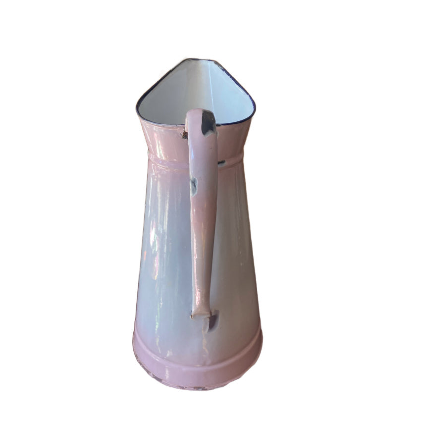 antique french enamelware pitcher soft pink fading to white highly decorative collectible with romantic character