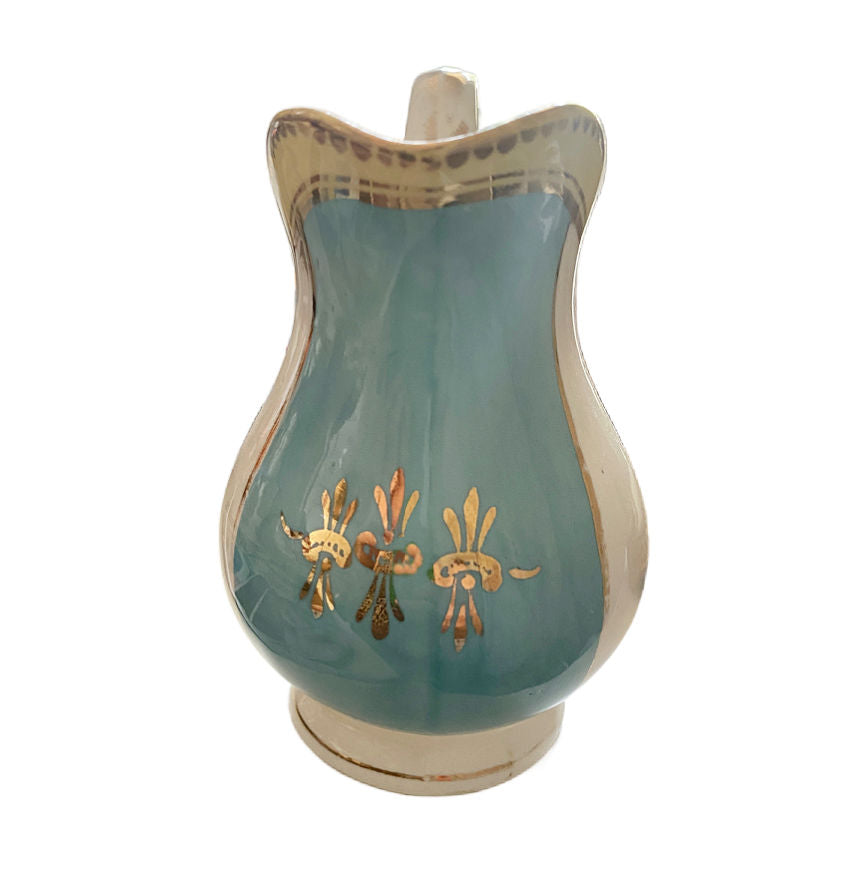 Antique Porcelain Sugar Bowl, Pitcher and Plate Set Aqua Blue & Yellow
