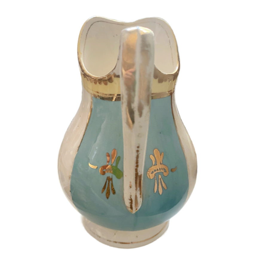 Antique Porcelain Sugar Bowl, Pitcher and Plate Set Aqua Blue & Yellow