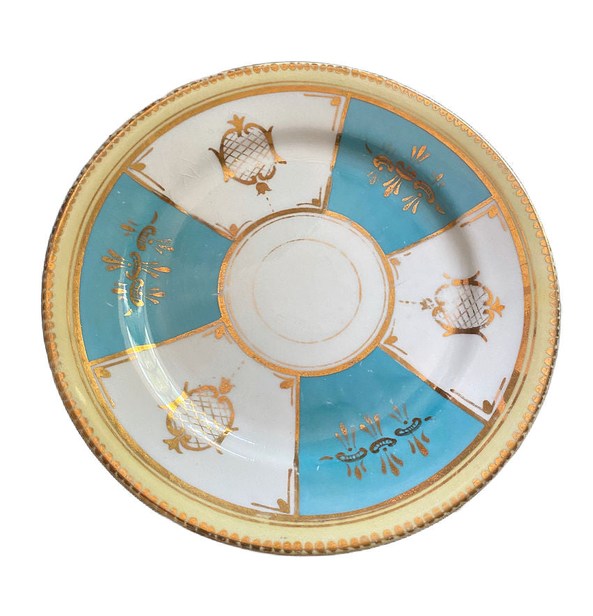 Antique Porcelain Sugar Bowl, Pitcher and Plate Set Aqua Blue & Yellow