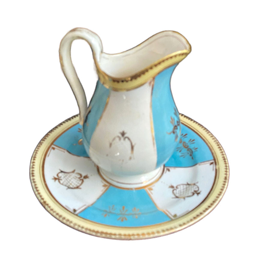 Antique Porcelain Sugar Bowl, Pitcher and Plate Set Aqua Blue & Yellow