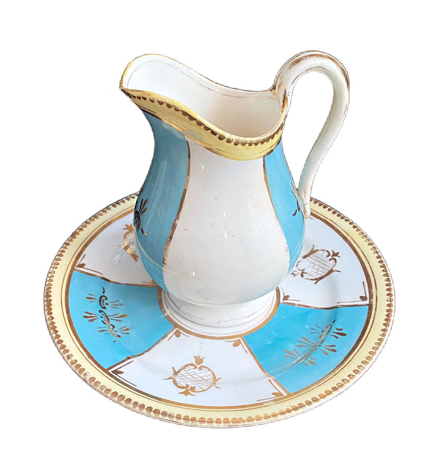 Antique Porcelain Sugar Bowl, Pitcher and Plate Set Aqua Blue & Yellow