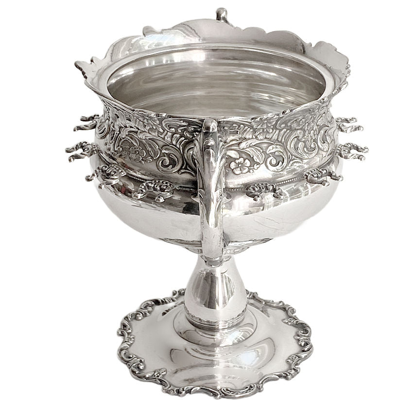 19th century American silver suar bowl and spoon holder handled detail