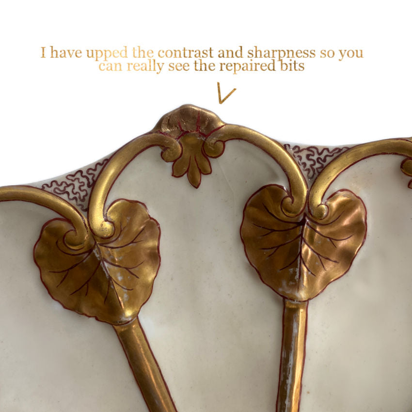 Antique Signed Hand-Painted Limoges Porcelain Cherub Bowl by Jean Pouyat Limoges with Gilt Lily Pad Handles