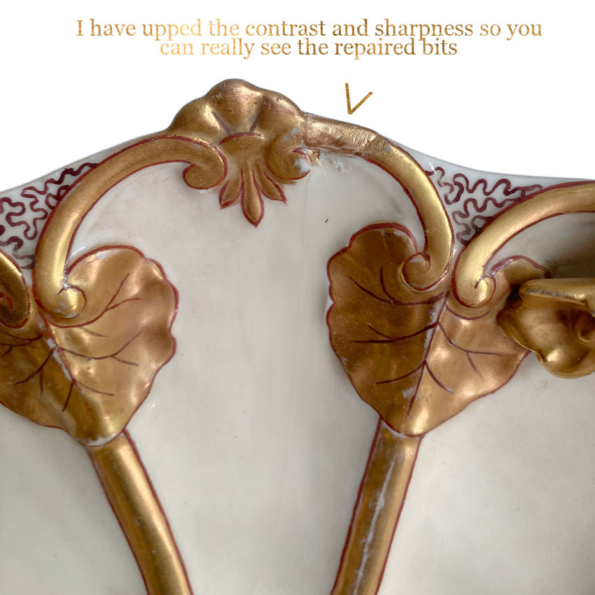 Antique Signed Hand-Painted Limoges Porcelain Cherub Bowl by Jean Pouyat Limoges with Gilt Lily Pad Handles