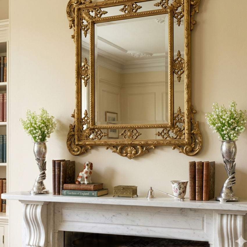Antique lily of the valley embossed silver vase pair on a mantel with gold mirror and staffordshire dog
