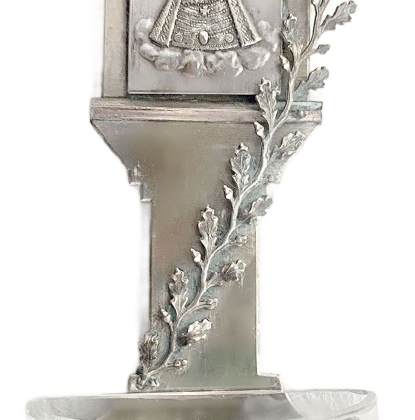 Antique silvered holy water font patina detail Mariazell Virgin Mary devotional wall piece