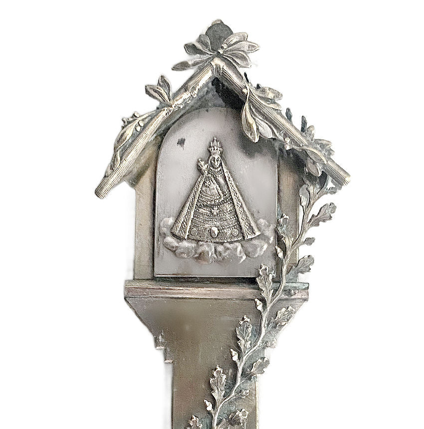 Detail antique silvered Virgin Mary Madonna child Mariazell holy water font devotional plaque