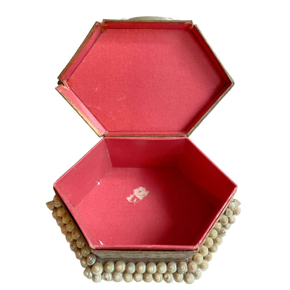 Interior detail of antique French shell work souvenir box Pink