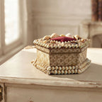 Antique French shellwork keepsake box styled on a writing desk