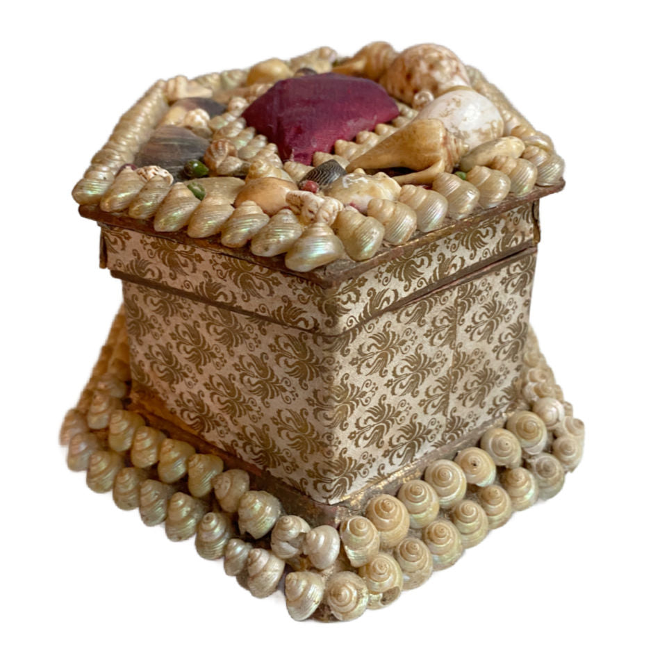 Side view of antique French shell work souvenir box