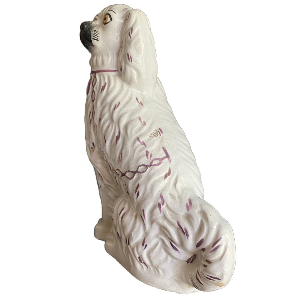 Back view of Antique Staffordshire dog with hand-painted pink lustre fur details