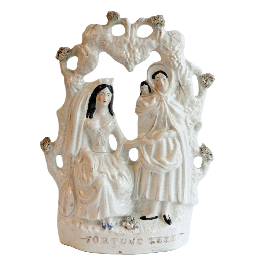 1860s Victorian flatback pottery ladies and child under grapevine arch
