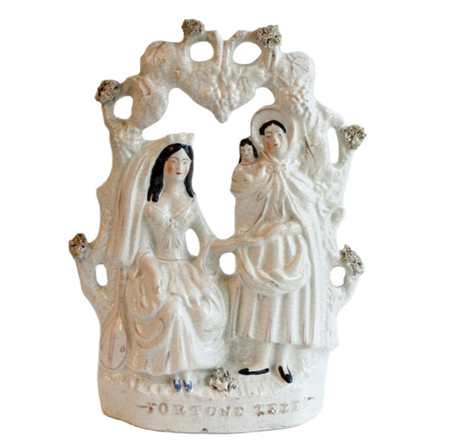 1860s Victorian flatback pottery ladies and child under grapevine arch