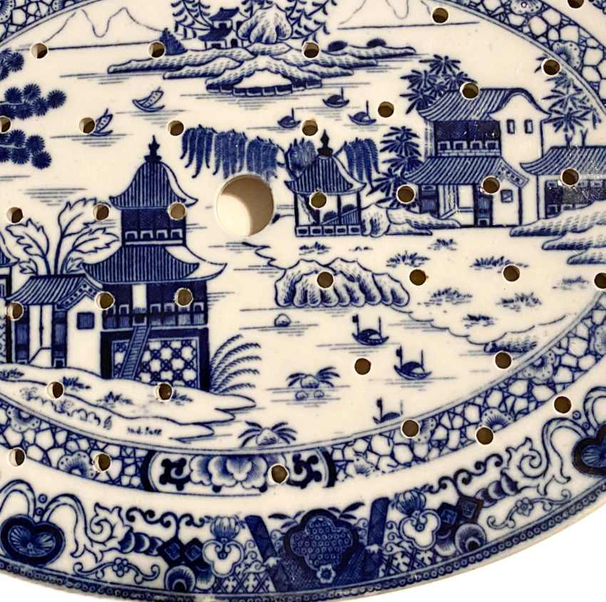 Luxe Antique 1862 Ashton &amp; Sons Staffordshire Blue &amp; White Chinoiserie Drainer with hand-pierced design and poetic pagoda scene; rare and highly desirable.