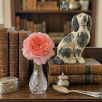 english antique spaniel mantel piece soft pink collar in library on books with silver and rose