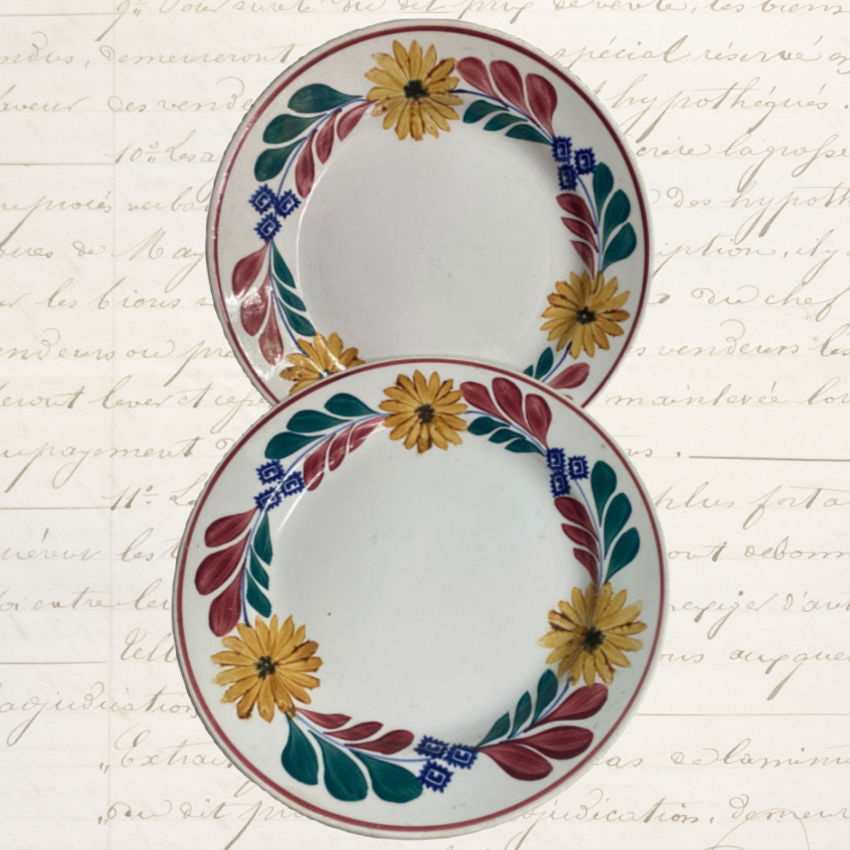 antique European antique pottery French Country Design set of two with red, green, blue and yellow flowers