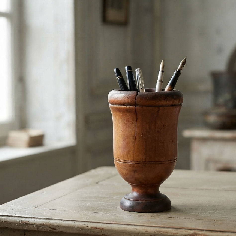 Styled antique treen apothecary’s mortar holding anitque pens on a french country desk