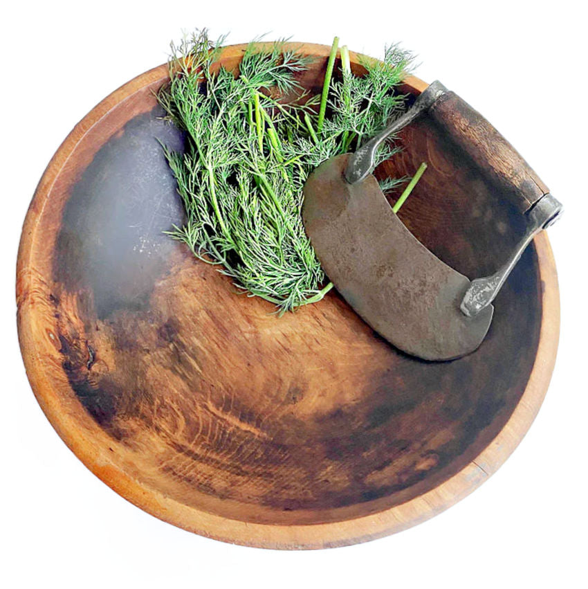 Antique Turned Wood Bowl with 19th Century Herb Chopper