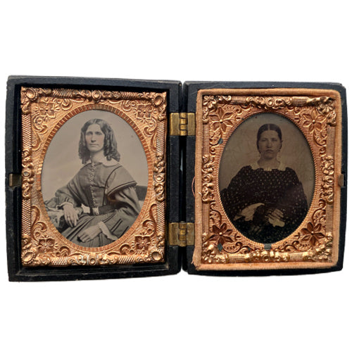 Antique Union case featuring girls catching butterflies, a floral basket, and two delicate portraits inside. Rare and romantic 19th-century collectible.