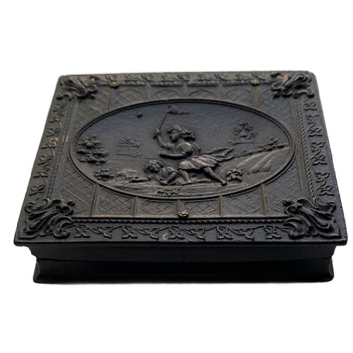 Antique Union case featuring girls catching butterflies, a floral basket, and two delicate portraits inside. Rare and romantic 19th-century collectible.