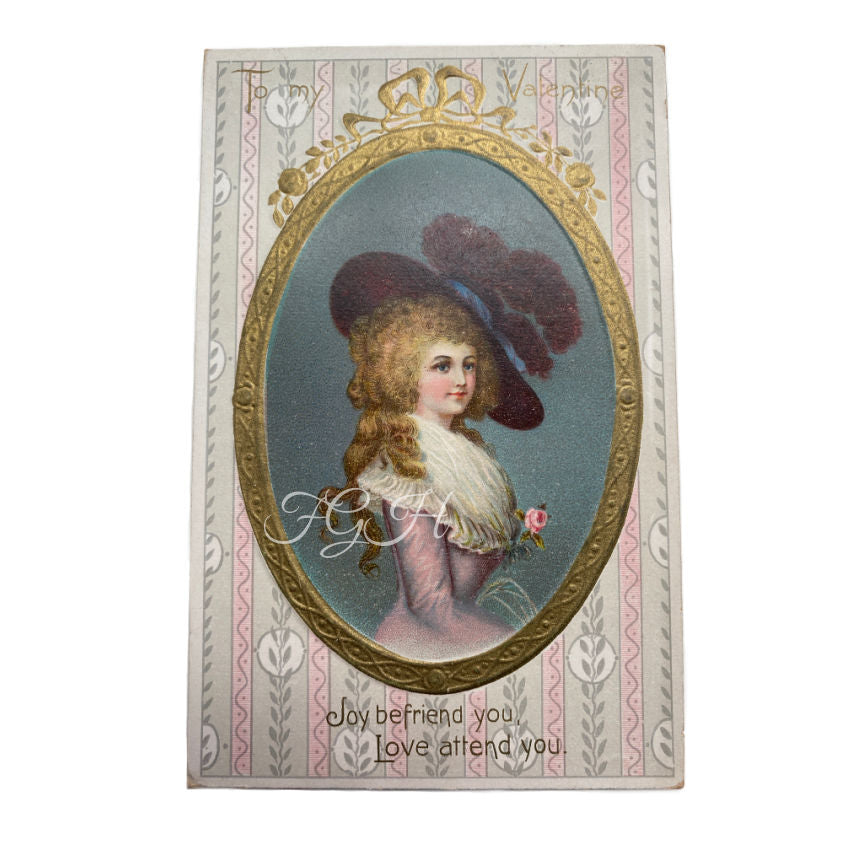 Antique Valentine Portrait Raphael Tuck Floral Missives Postcard with Gilt and pink and purple French style portrait o a lovely young woman wearing a huge hat