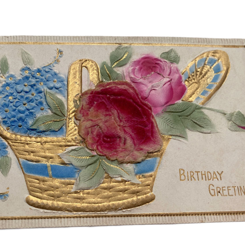 Antique Velvet Rose Postcard with Gilt Basket