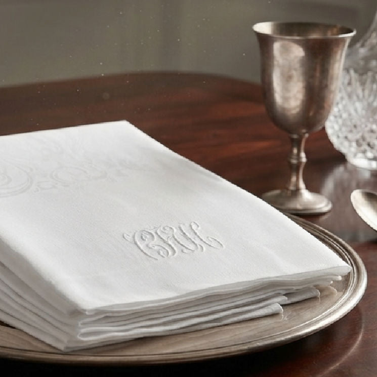 antique white linen napkins styled on elegant table setting