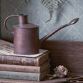 Antique copper watering can with long spout and detachable sprinkler rose styled with antique gardening books