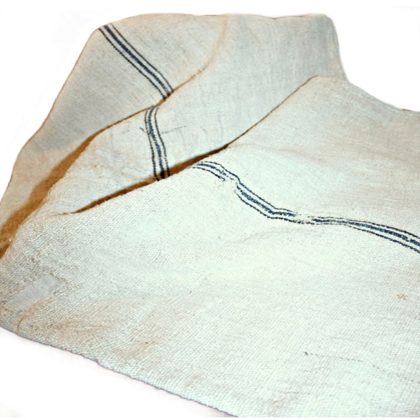 Gorgeous heavy weight Antique French Hand Woven Linen Grain Sack, of the most delicious oatmeal color, with a triple blue stripe.