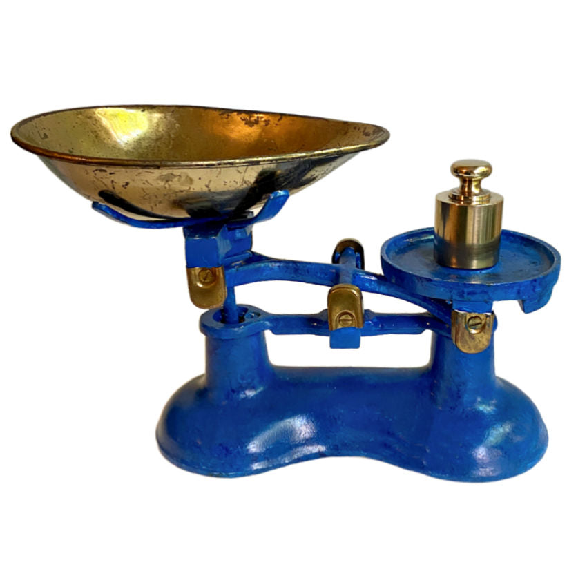 original weight antique apothecary scale blue cast iron with birds nest and blue grape hyacinths