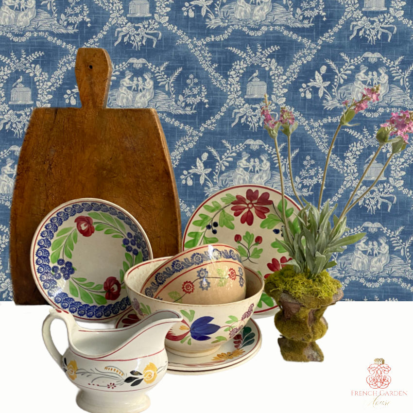 antique spatterware and stick sponge painted bowls and plates