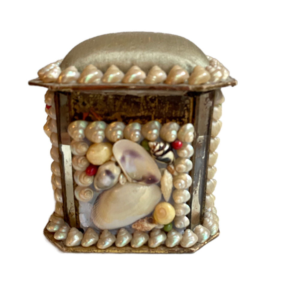 Antique French shellwork box with mirrored side panels back
