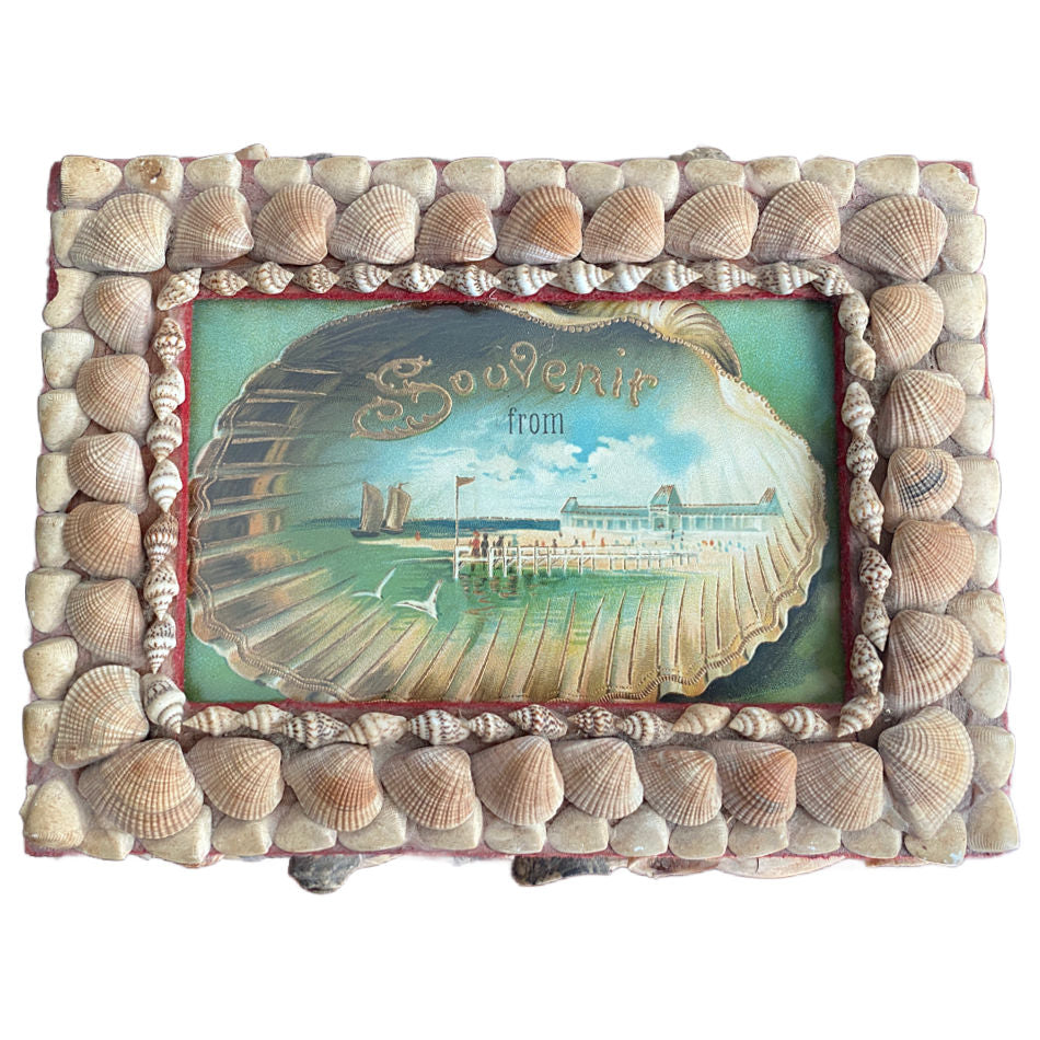 Antique seashell souvenir box with chromolithograph beneath glass and natural shellwork decoration