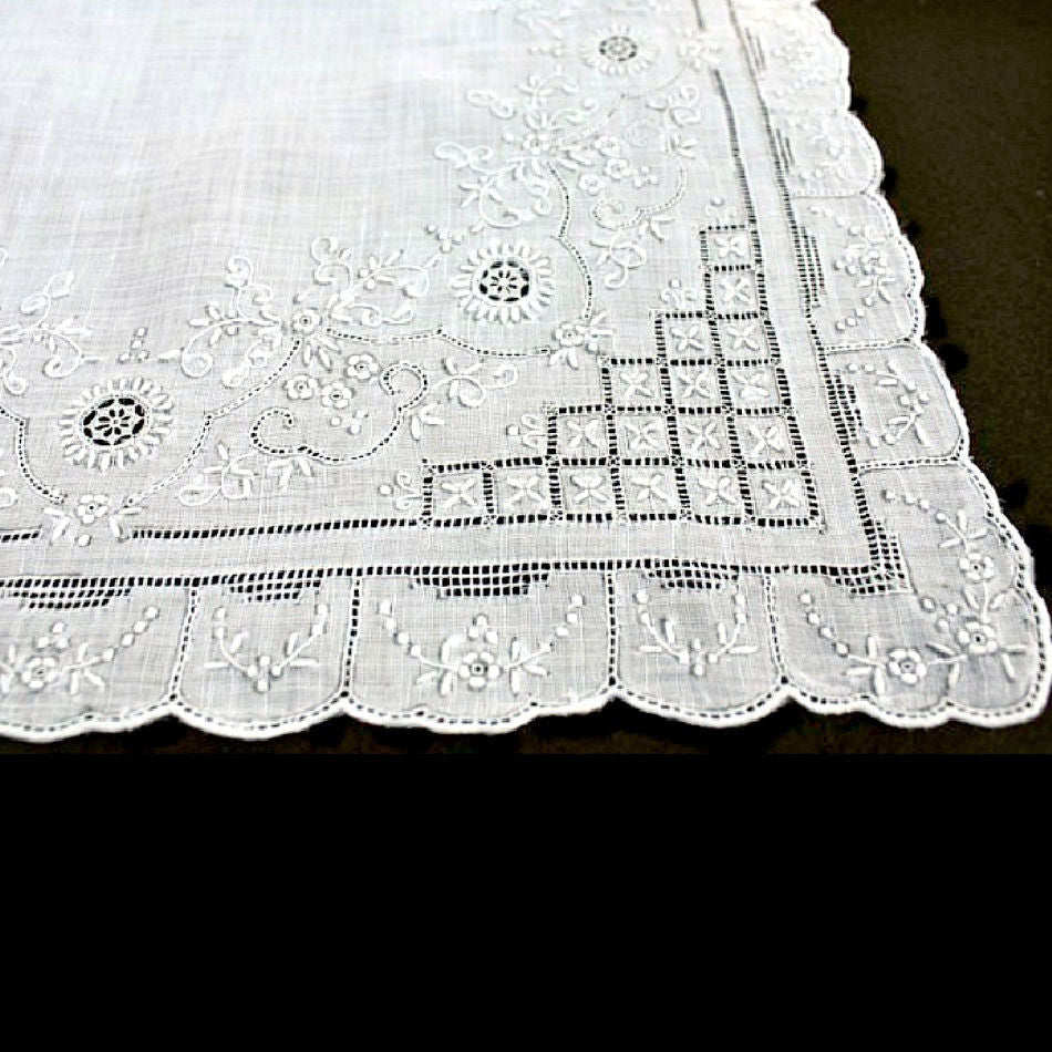 Antique Appenzell Embroidered Swiss Linen Floral Handkerchief