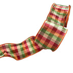 Apple green and autumn check ribbon with orange, beige and red woven pattern