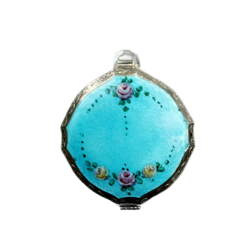 Vintage Art Deco aqua guilloché compact with hand-painted roses Top