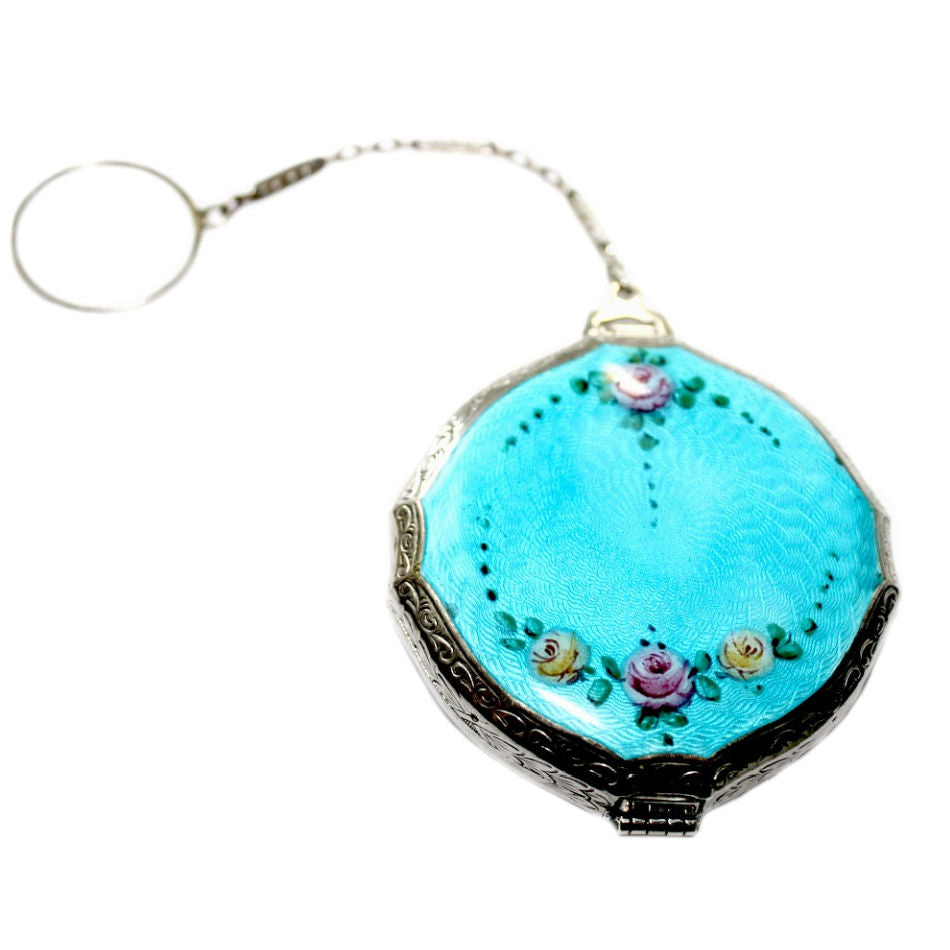 Antique enameled Aqua compact with pink roses