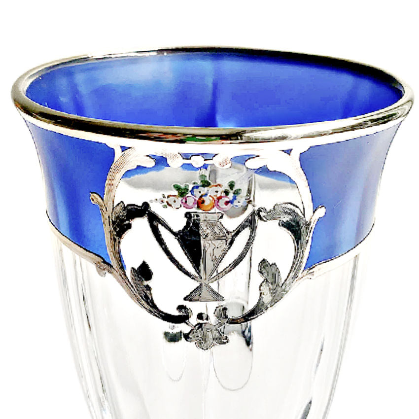 Art Deco Silver Overlaid Blue And Clear Glass Cup