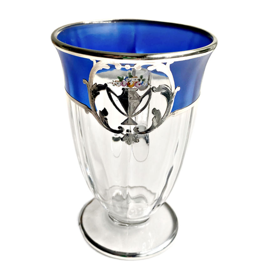 Art Deco Silver Overlaid Blue And Clear Glass Cup