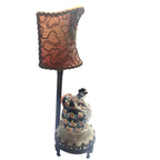 Antique Art Deco Porcelain Muse Lamp with Gold Lace & Apricot Silk Shade”