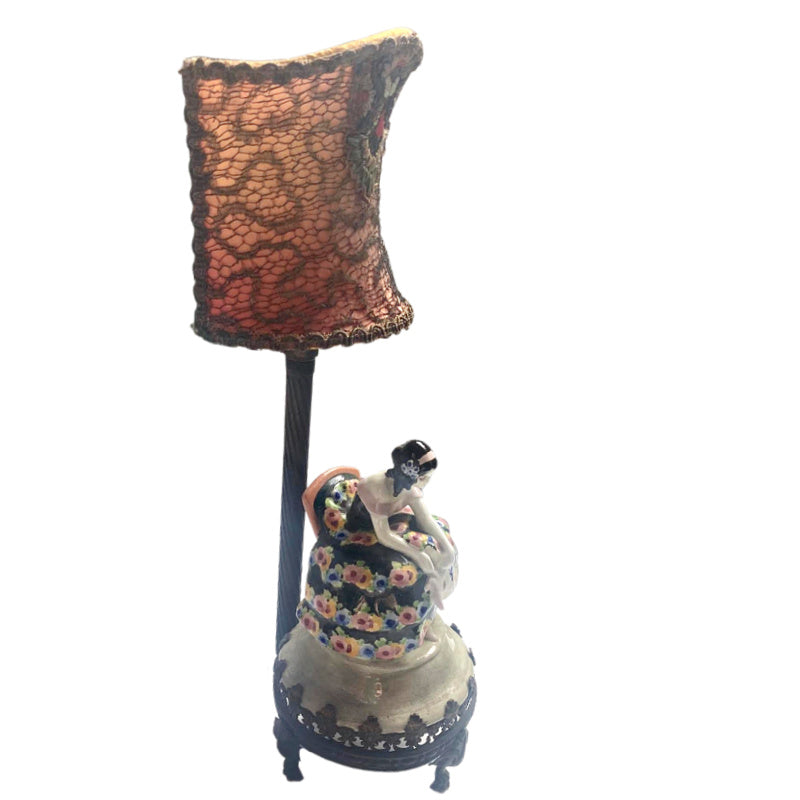 Antique Art Deco Porcelain Muse Lamp with Gold Lace & Apricot Silk Shade”