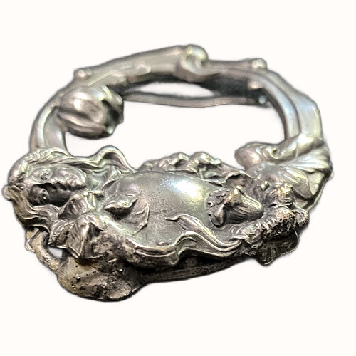 art nouveau buckle, antique belt buckle, silver plated buckle, art nouveau maiden, antique fashion accessory, french art nouveau, collectible metal buckle, turn of the century jewelry, victorian era accessory, art nouveau floral