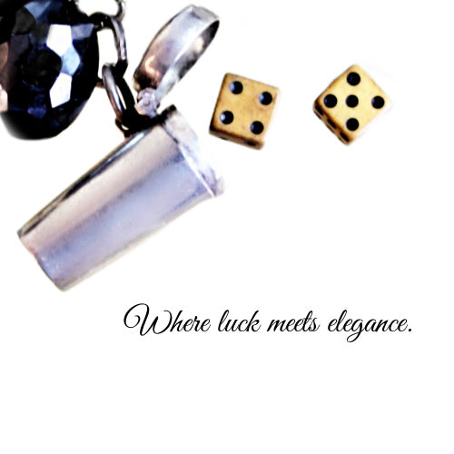 Art Deco sterling dice charm necklace with miniature dice case, 34" black Czech glass chain, decorative rhinestones, elegant, rare, collectible jewelry.